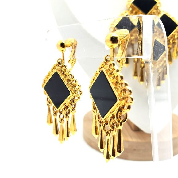 Celebrity Black White Pendant Necklace Clip Earrings Gold Fringe Retro Statement - Picture 2 of 11